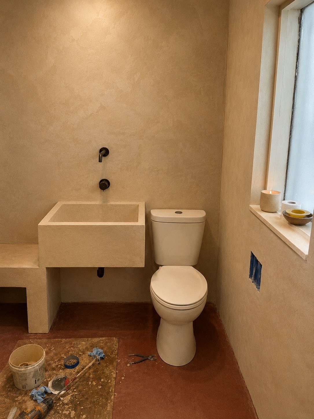 Ryan Mena hand-finishing a microcement bathroom in New Orleans — sink, walls, and floor