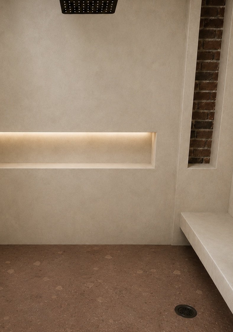 Seamless microcement shower wall installed by The Shirtless Handyman in New Orleans